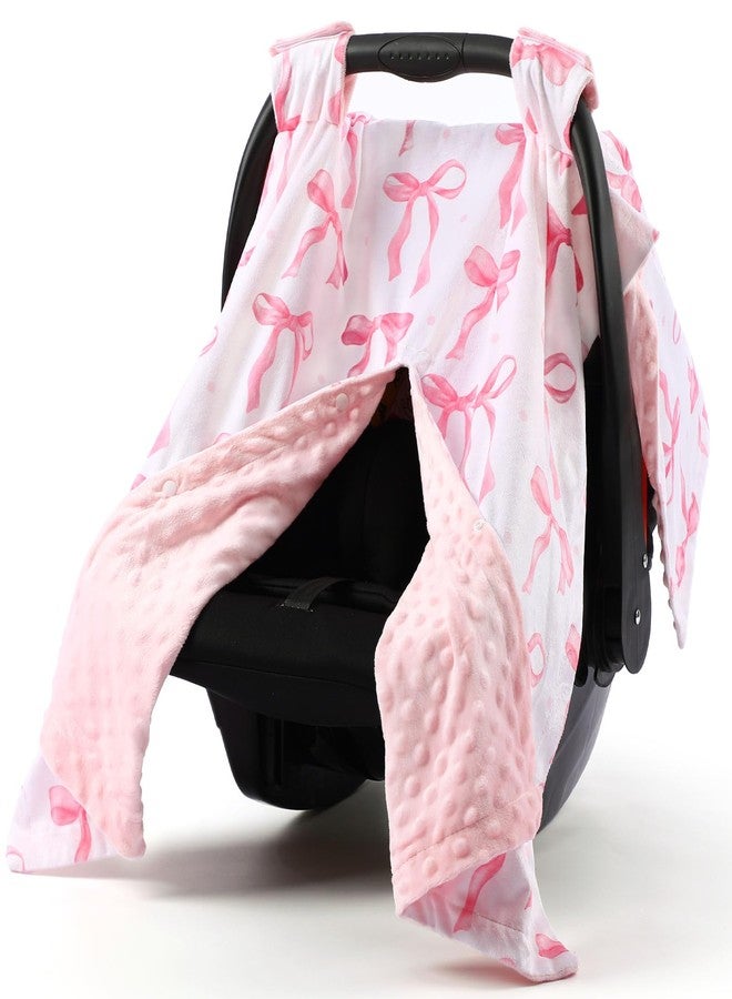 AceOrbit Pink Bow Car Seat Cover Baby Girl, Minky Warm Winter Carseat Covers with Opening Cozy for Newborn Infant Boys Winter Stroller, Nursing Cover Canopy Shower Gift - Image 1